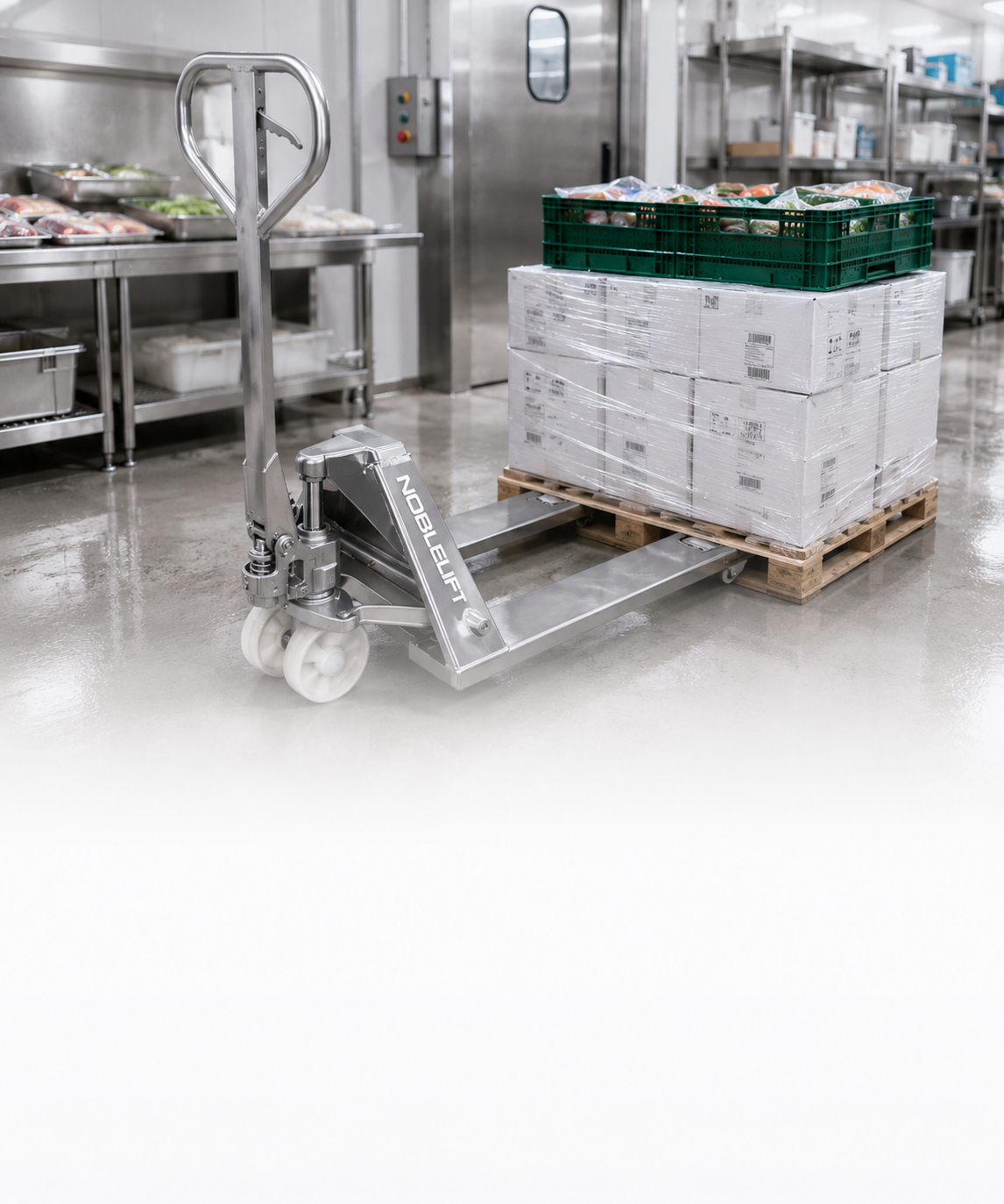 Food service material handling — stainless-steel pallet jacks and lift tables for kitchens and commissaries