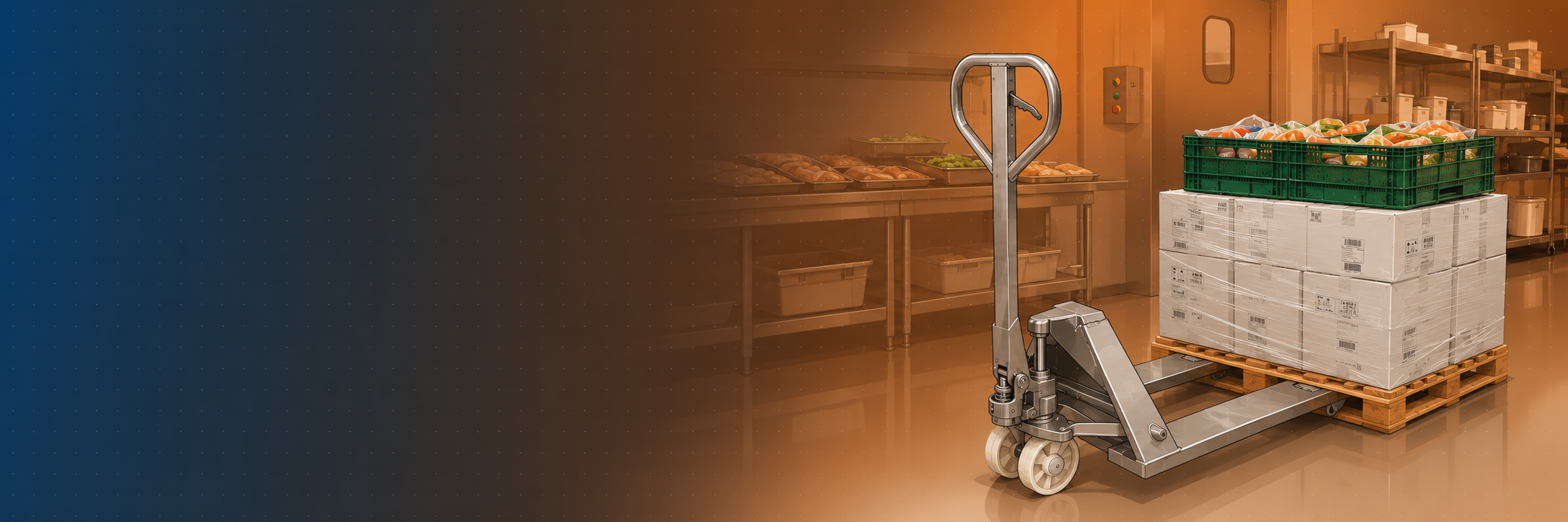 Stainless-steel pallet jack in a commercial food service kitchen