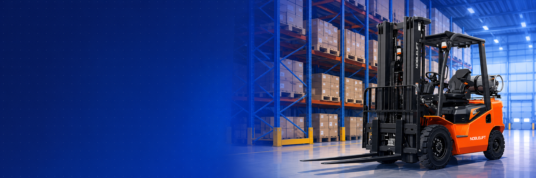 Warehouse forklift handling pallets in a distribution center