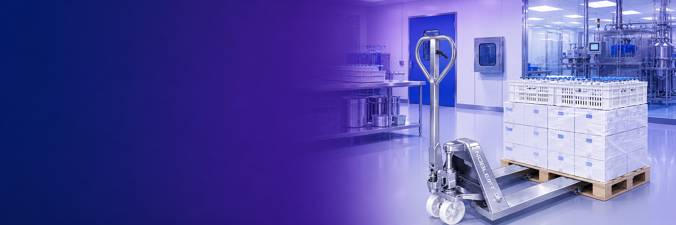 Cleanroom-compatible electric forklift in a pharmaceutical manufacturing facility